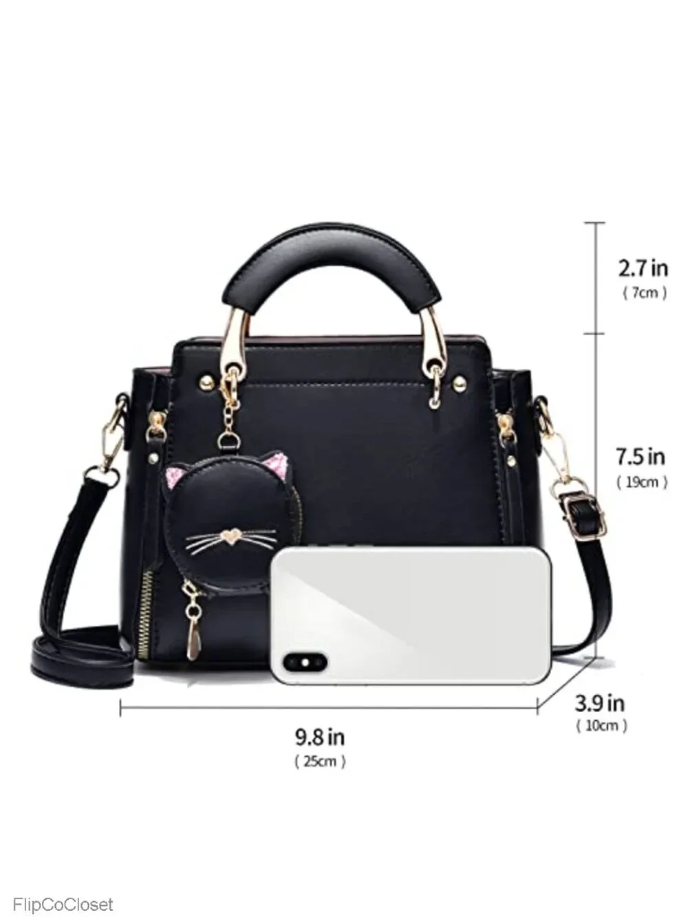 PU Leather Top Handle Satchel Crossbody Tote with Kitten Pendant